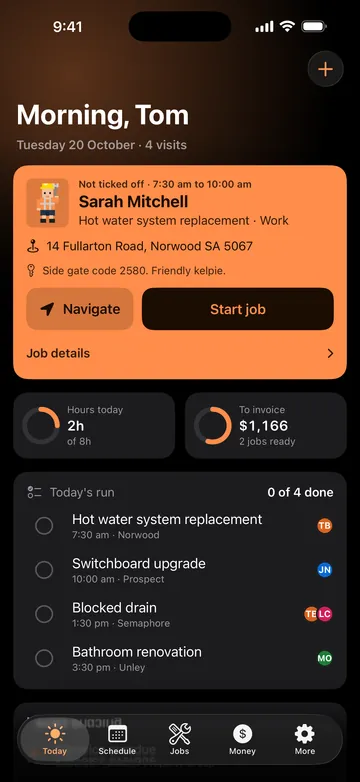 Adminroo Today screen: the next job, a hot water system replacement in Norwood, hours today, $1,166 ready to invoice and the day's run