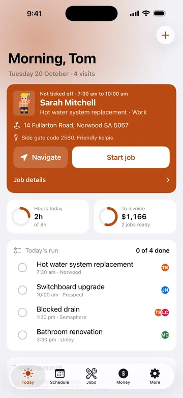 Adminroo Today screen: the next job, a hot water system replacement in Norwood, hours today, $1,166 ready to invoice and the day's run