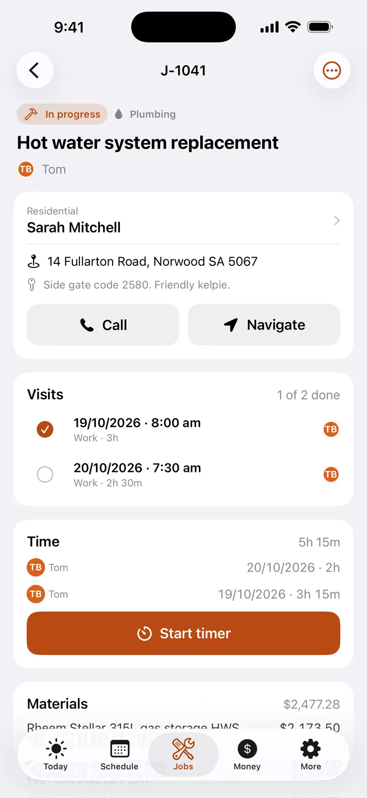 A job card on the iPhone app