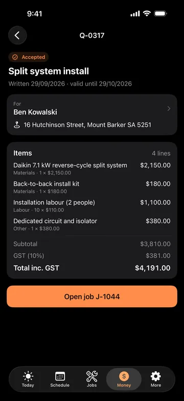 Adminroo quote for a split system install in Mount Barker: line items, GST and a total of $4,191.00, accepted by the customer