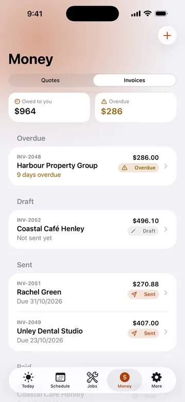 Adminroo Money screen: $964 owed to you, $286 overdue, and the invoices grouped by overdue, draft and sent