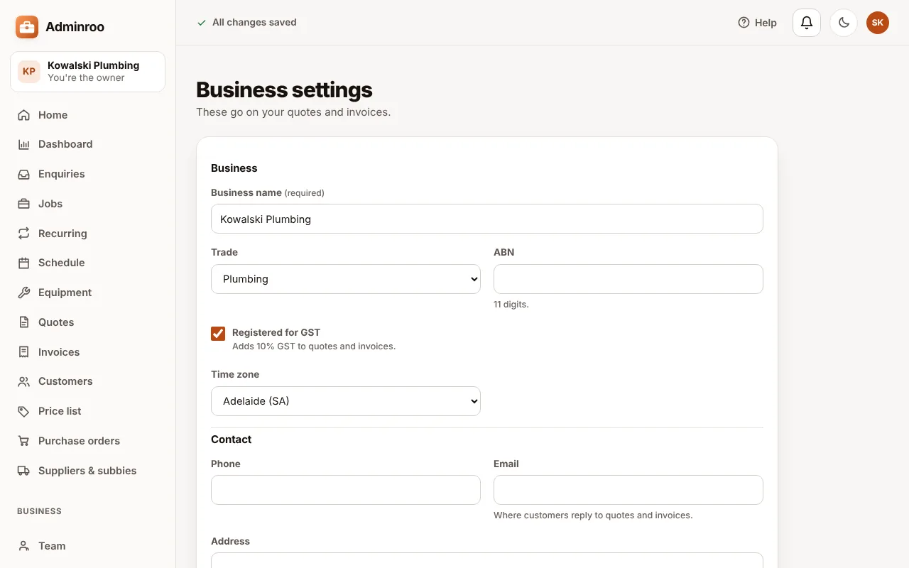 Business settings