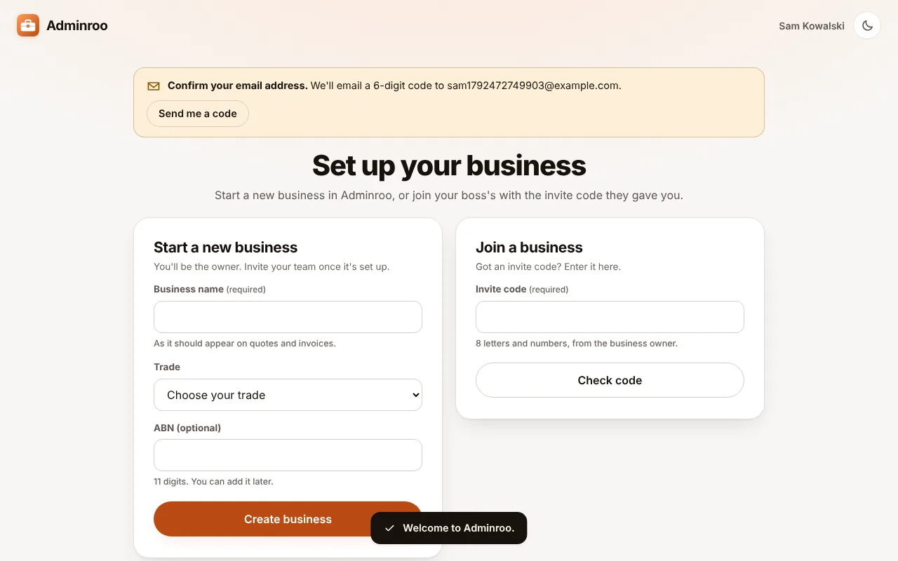 Naming your business, or joining one with an invite code