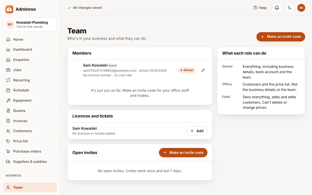 The team page, with invite codes